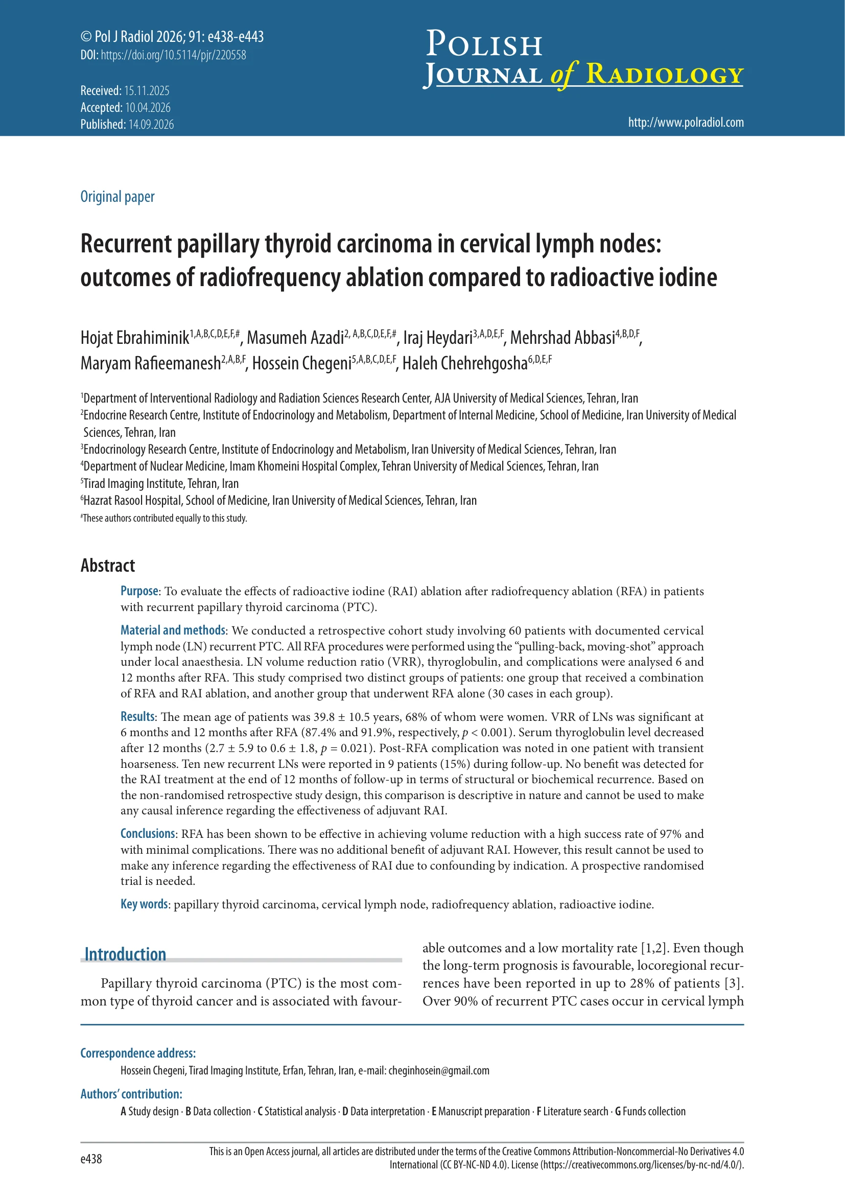 صفحهٔ اول مقالهٔ RFA در عود سرطان پاپیلاری تیروئید در Polish Journal of Radiology